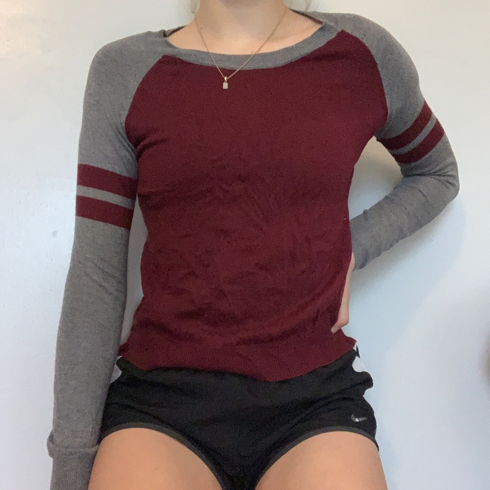 long sleeve maroon/grey shirt